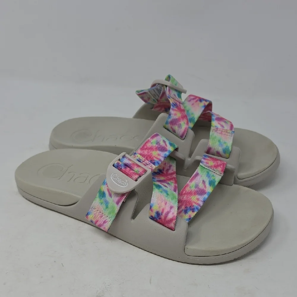 Chaco Slide Sandals with Tie-Dye Pink Green Blue Straps Size 9